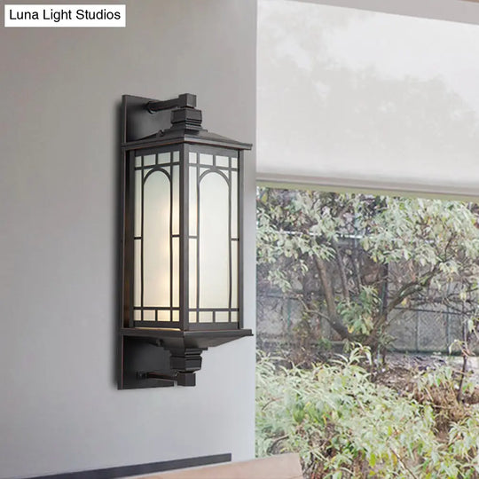 Country Style Black Wall Sconce With Opal Cuboid Glass Shade And Elegant Pattern