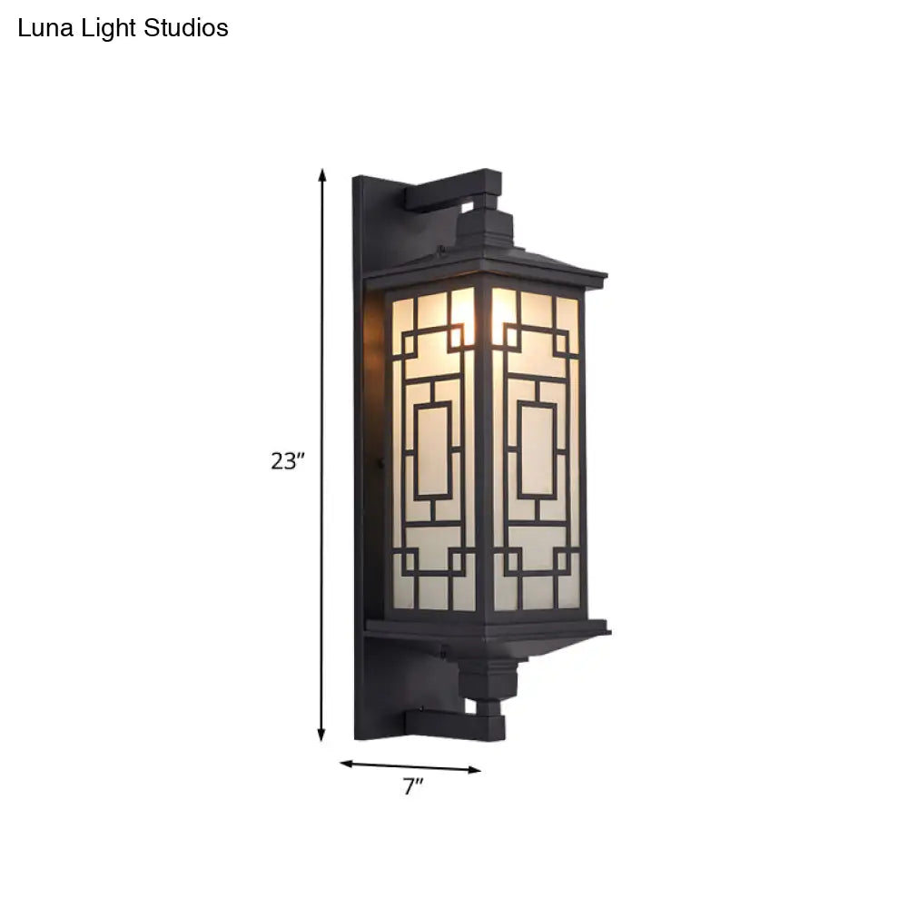 Country Style Black Wall Sconce With Opal Cuboid Glass Shade And Elegant Pattern