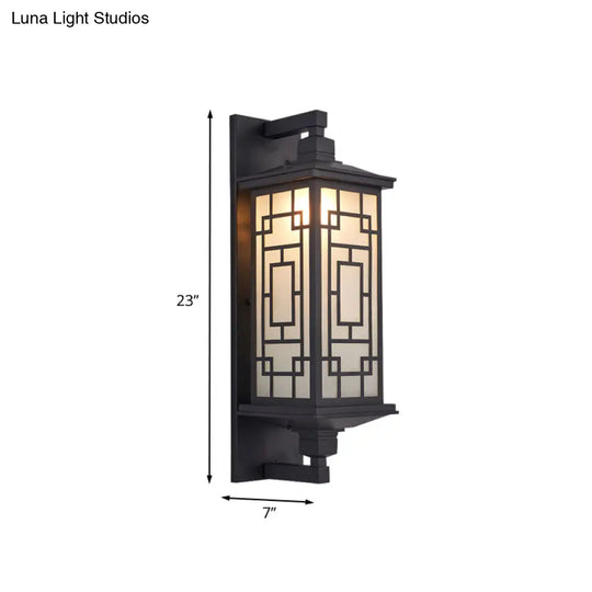 Country Style Black Wall Sconce With Opal Cuboid Glass Shade And Elegant Pattern