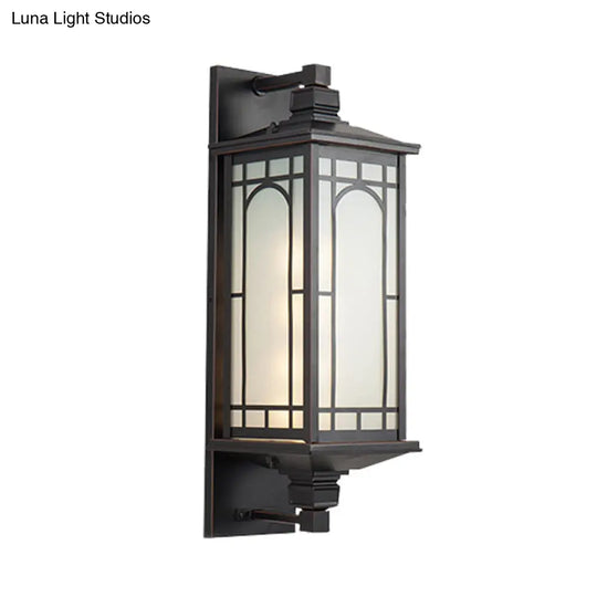 Country Style Black Wall Sconce With Opal Cuboid Glass Shade And Elegant Pattern