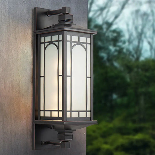 Country Style Black Wall Sconce With Opal Cuboid Glass Shade And Elegant Pattern / Curved