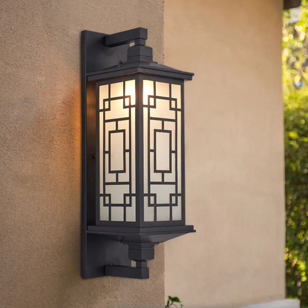 Country Style Black Wall Sconce With Opal Cuboid Glass Shade And Elegant Pattern / Rectangle