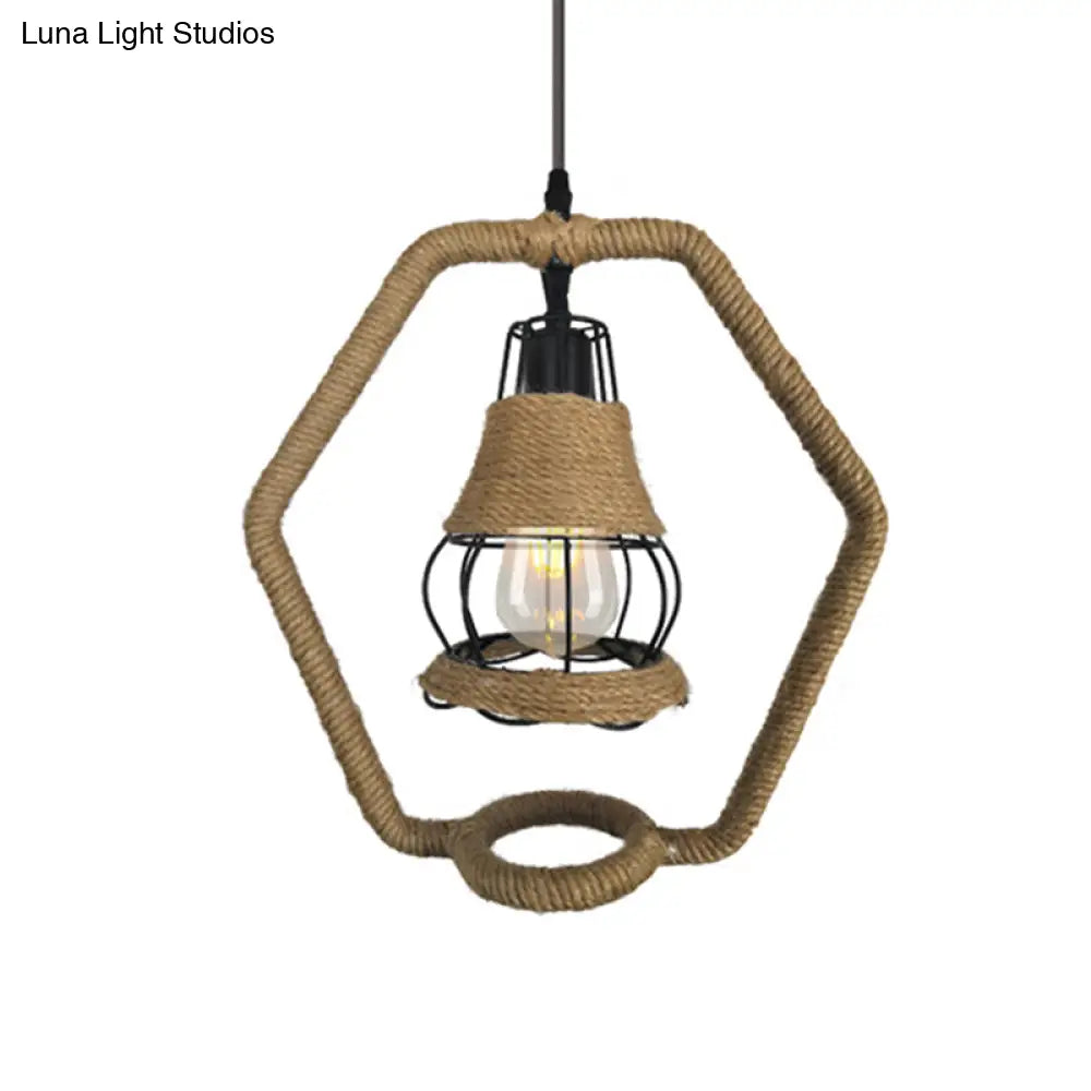 Country Style Black Wire Cage Ceiling Lamp With Rope And Metal Hexagon Shape