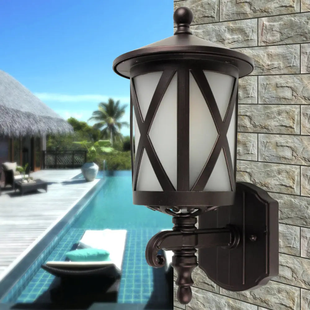 Country Style Black X-Cage Wall Light Fixture With Opal Glass - Yard Mounted Lighting 1 Head