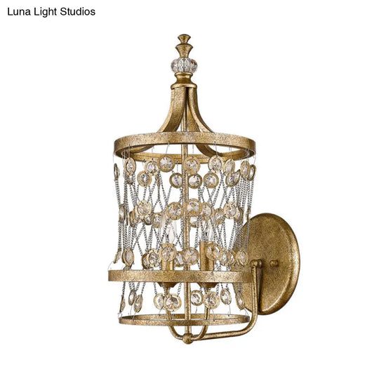 Country Style Brass Crystal Wall Sconce Lamp 2 Light Cascading Fixture For Bedroom