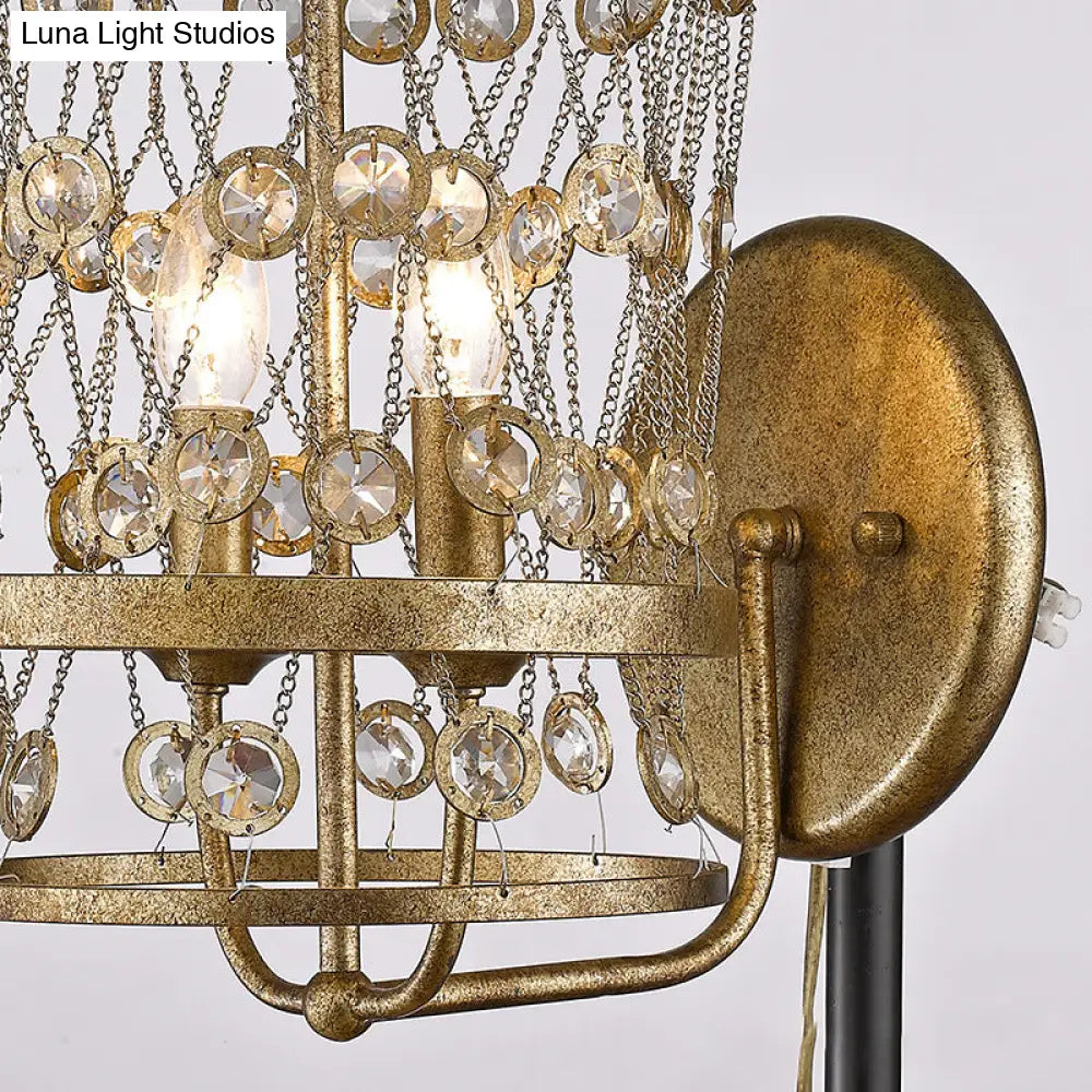 Country Style Brass Crystal Wall Sconce Lamp 2 Light Cascading Fixture For Bedroom