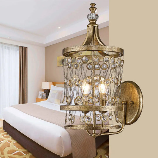 Country Style Brass Crystal Wall Sconce Lamp 2 Light Cascading Fixture For Bedroom