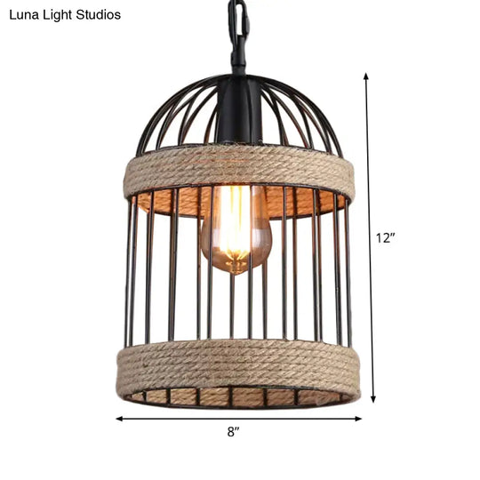 Country Style Brown Cage Pendulum Light With Roped Cloche - Perfect For Snack Bars