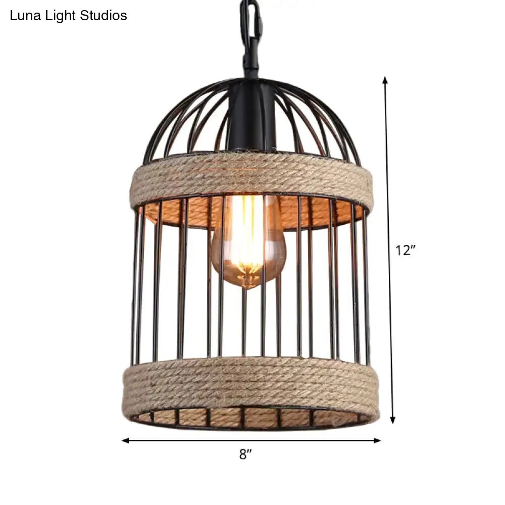 Country Style Brown Roped Cloche Cage Pendant Light With 1 Bulb - Snack Bar Hanging