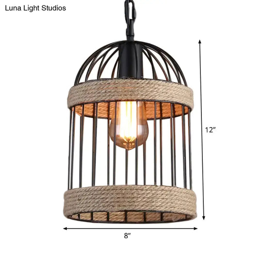 Country Style Brown Roped Cloche Cage Pendant Light With 1 Bulb - Snack Bar Hanging