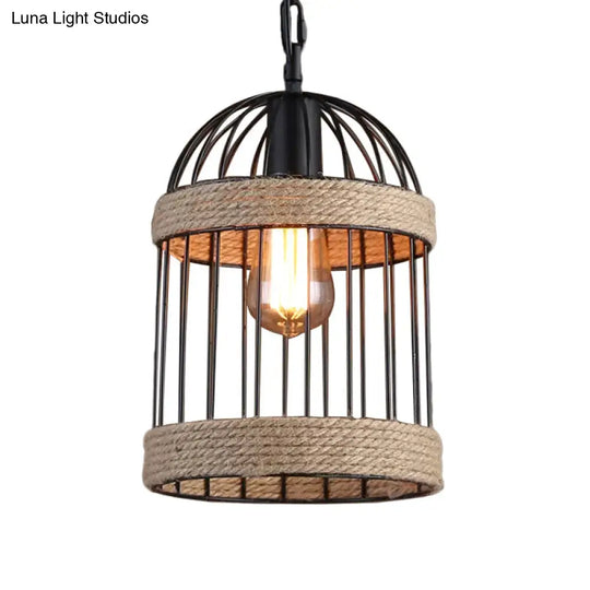 Country Style Brown Roped Cloche Cage Pendant Light With 1 Bulb - Snack Bar Hanging