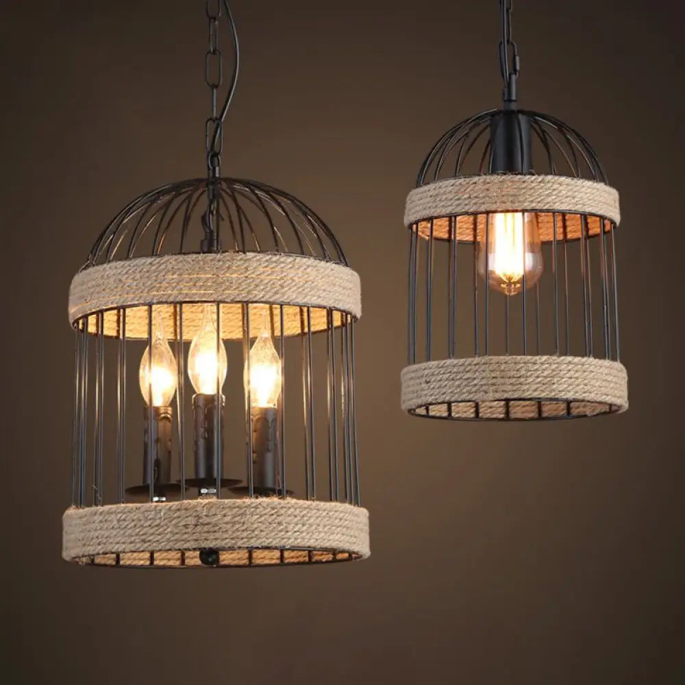 Country Style Brown Cage Pendulum Light With Roped Cloche - Perfect For Snack Bars