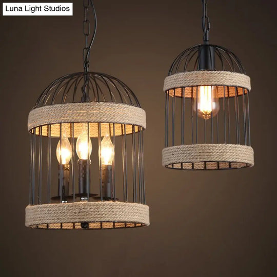 Country Style Brown Roped Cloche Cage Pendant Light With 1 Bulb - Snack Bar Hanging