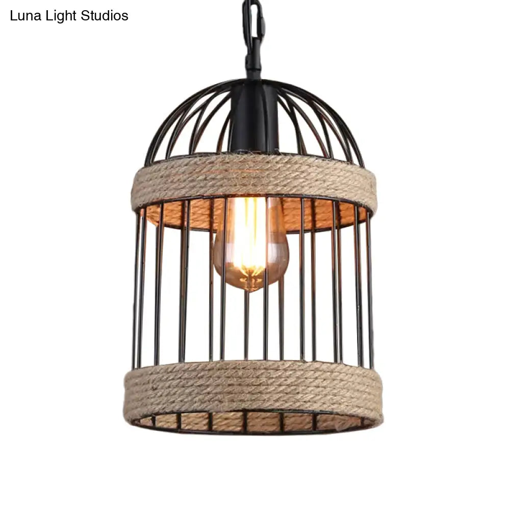 Country Style Brown Cage Pendulum Light With Roped Cloche - Perfect For Snack Bars