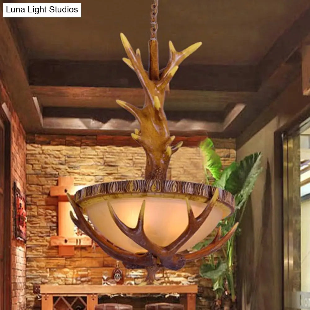 Country Style Brown Pendant Light With Elk Design And Frosted Glass Bowl