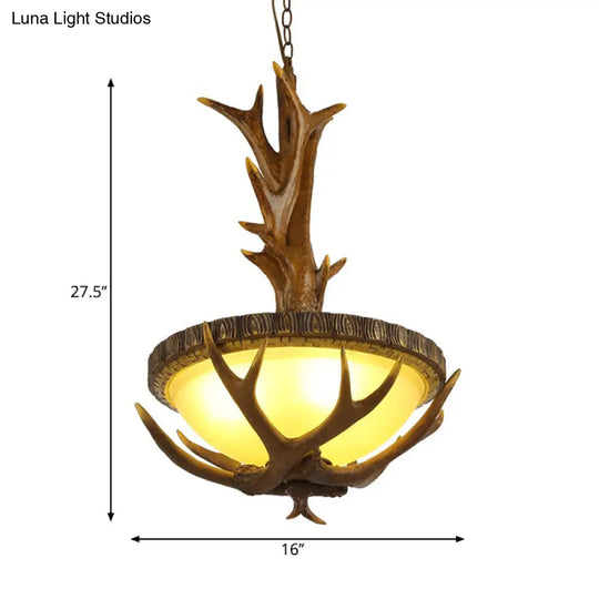 Country Style Brown Pendant Light With Elk Design And Frosted Glass Bowl