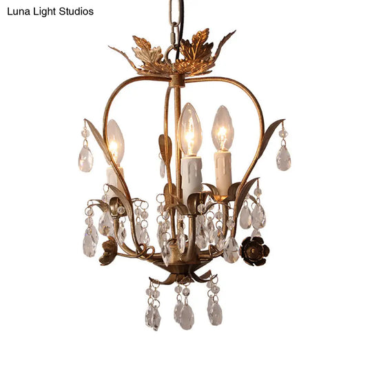 Country Style Caged Chandelier Light - Iron 3-Head Hanging Lamp With Crystal And Leaf Deco In Dark