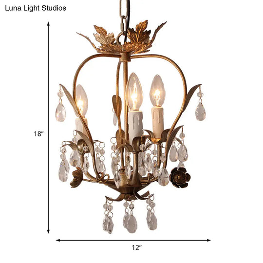 Country Style Caged Chandelier Light - Iron 3-Head Hanging Lamp With Crystal And Leaf Deco In Dark