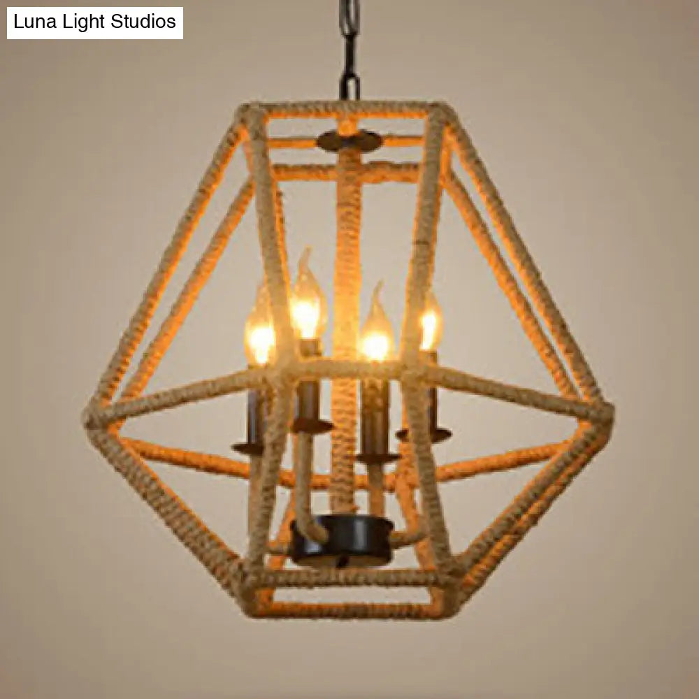 Rustic Hemp Rope Chandelier Light With Geometric Cage Shade In Beige - 4 Bulb Pendant For Kitchen