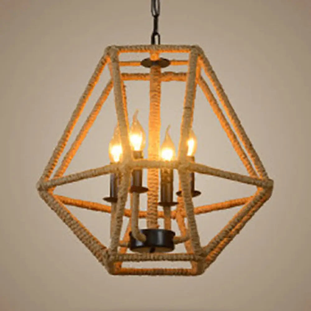 Country Style Chandelier Light With Geometric Cage & Hemp Rope Shade-Beige Beige