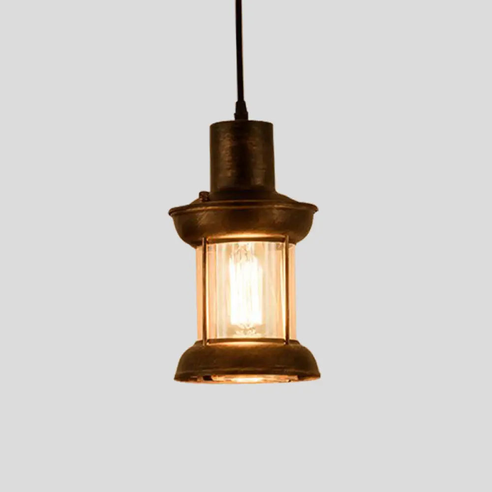 Country Style Clear Glass Lantern Pendant Light With Pendulum | Bronze Finish 1-Bulb Fixture