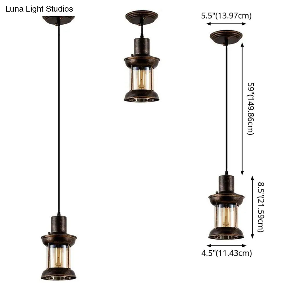 Country Style Clear Glass Lantern Pendant Light With Pendulum | Bronze Finish 1-Bulb Fixture