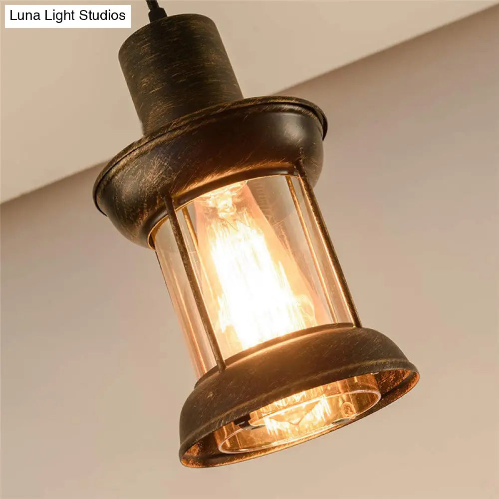 Country Style Clear Glass Lantern Pendant Light With Pendulum | Bronze Finish 1-Bulb Fixture