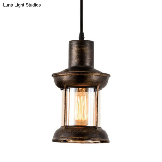 Country Style Clear Glass Lantern Pendant Light With Pendulum | Bronze Finish 1-Bulb Fixture