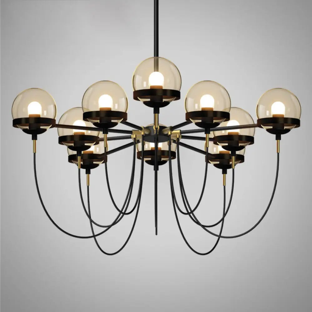 Country-Style Cognac Glass Pendant Light With Swoop Arm - Ball Chandelier 10 / Black