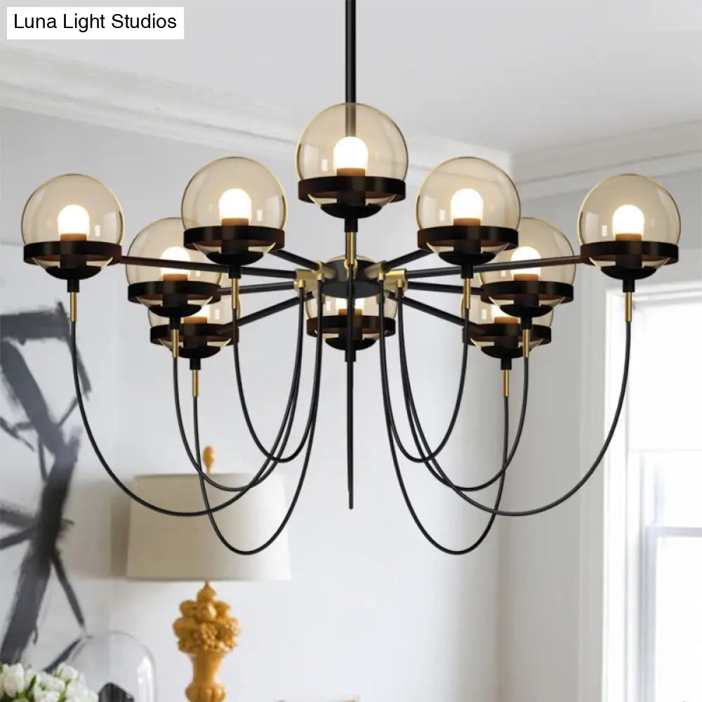 Country-Style Cognac Glass Pendant Light With Swoop Arm - Ball Chandelier