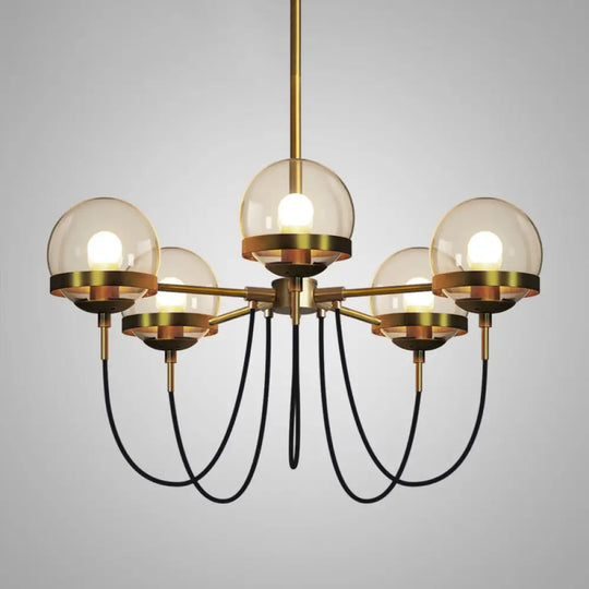 Country-Style Cognac Glass Pendant Light With Swoop Arm - Ball Chandelier 5 / Bronze