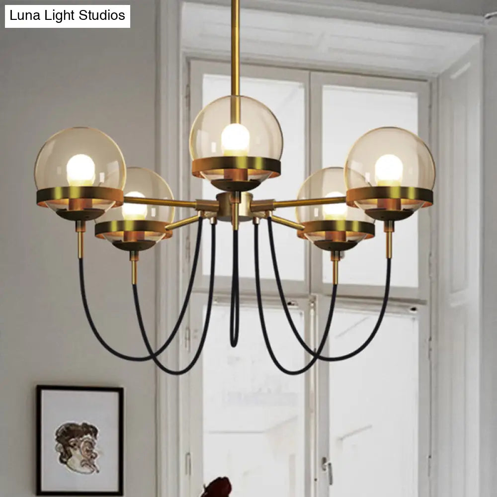 Country-Style Cognac Glass Pendant Light With Swoop Arm - Ball Chandelier