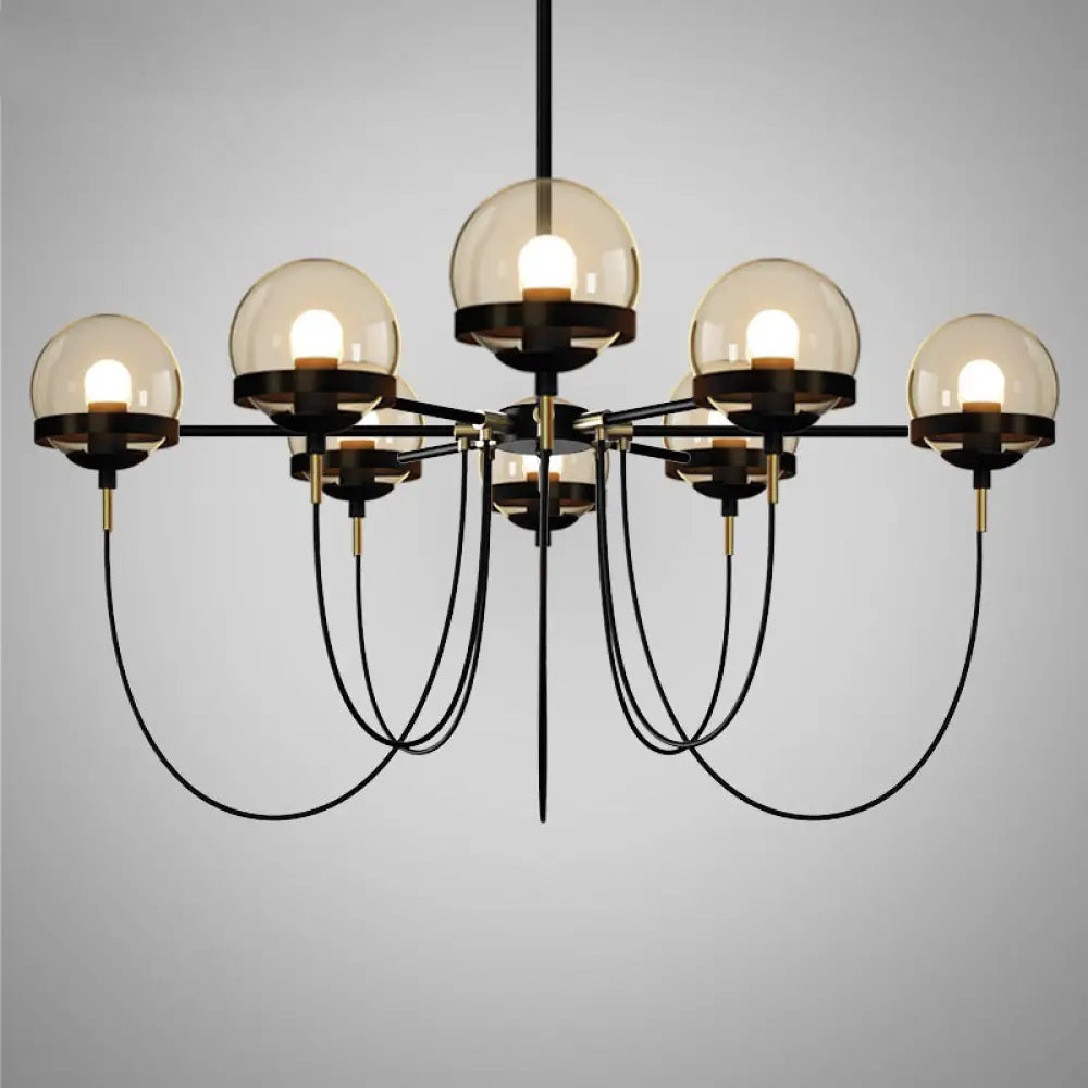 Country-Style Cognac Glass Pendant Light With Swoop Arm - Ball Chandelier 8 / Black