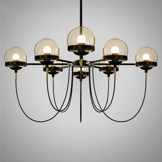 Country-Style Cognac Glass Pendant Light With Swoop Arm - Ball Chandelier 8 / Black