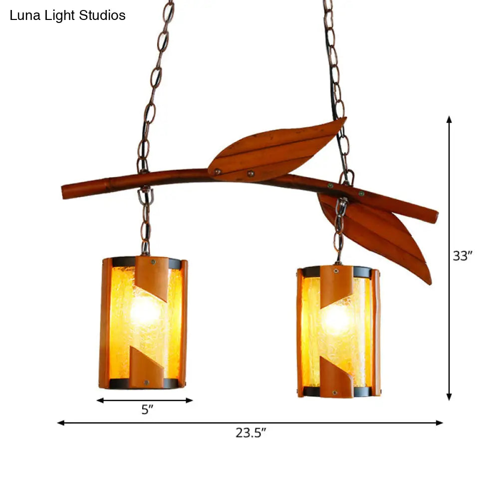 Country Style Crackle Glass Hanging Light With Branch Accent - Brown 2 Lights Ideal For Restaurants