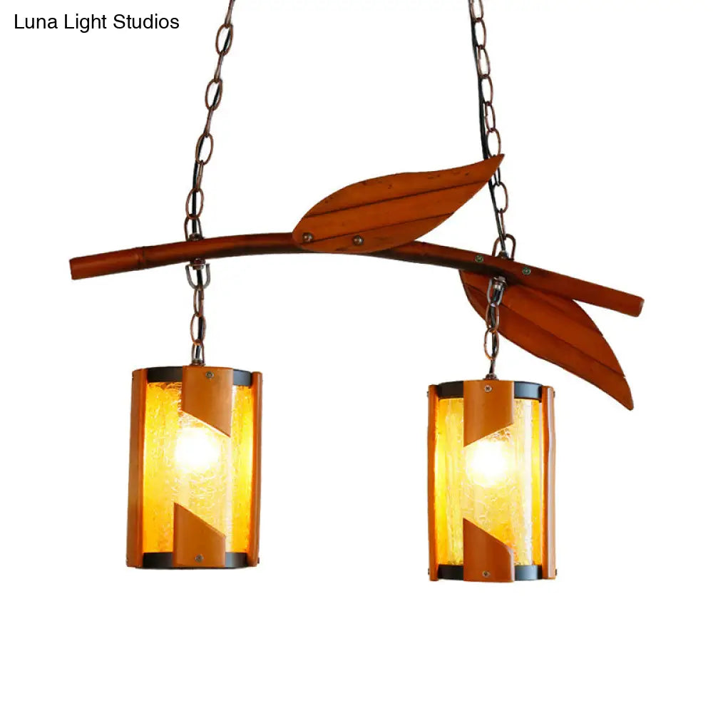 Country Style Crackle Glass Hanging Light With Branch Accent - Brown 2 Lights Ideal For Restaurants