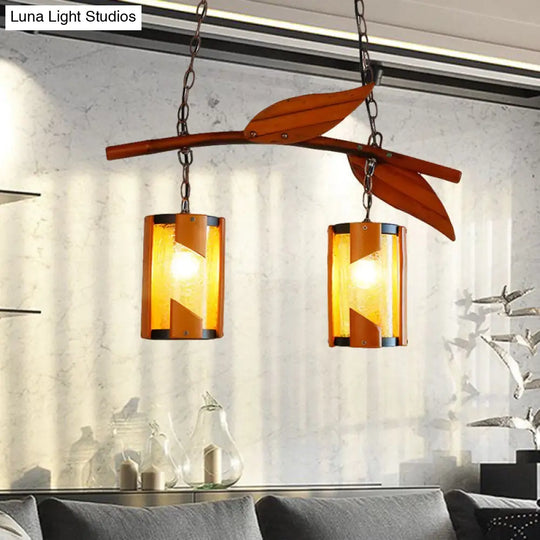 Country Style Crackle Glass Hanging Light With Branch Accent - Brown 2 Lights Ideal For Restaurants