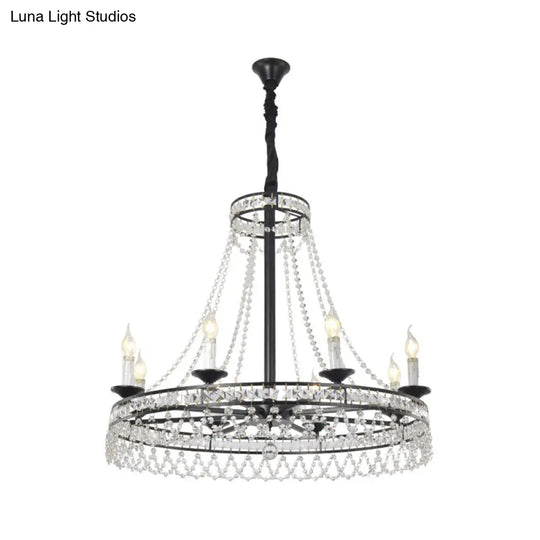 Country-Style Crystal Chandelier With Black Pendant Lamp And Wagon Wheel Design