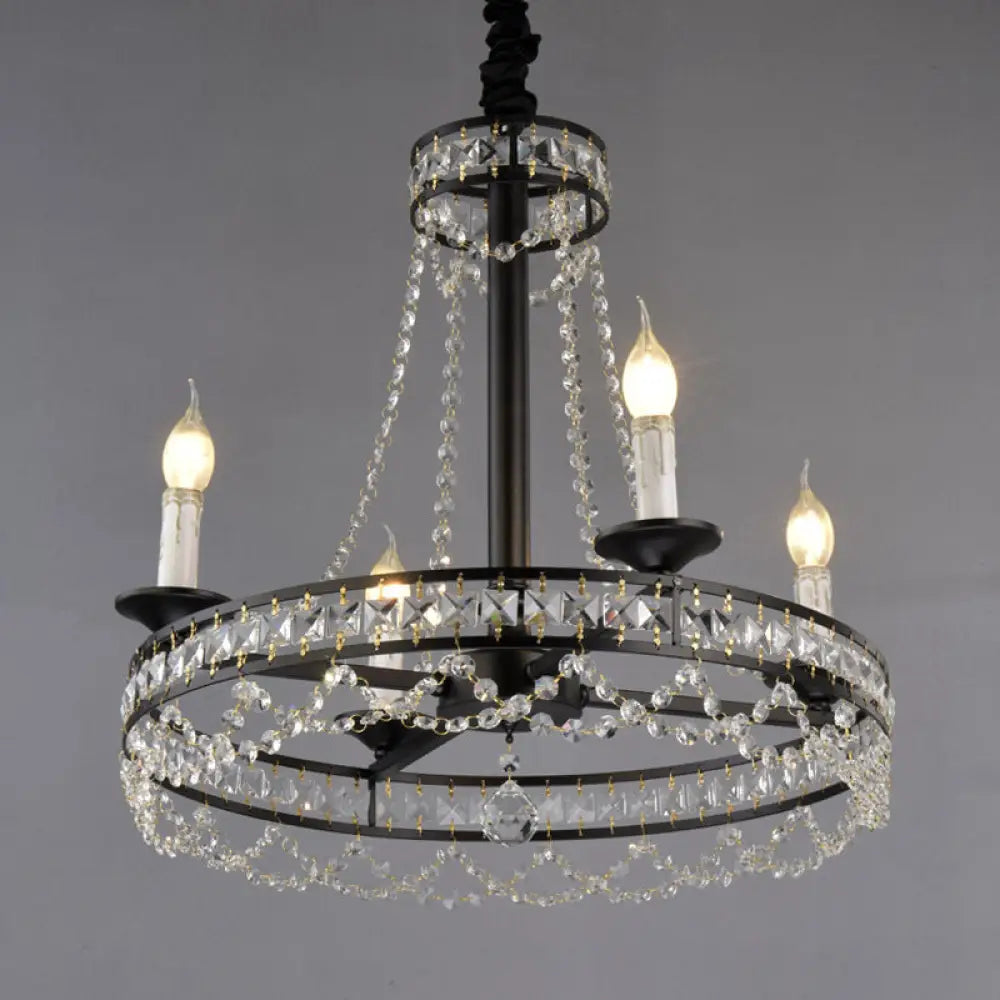 Country-Style Crystal Chandelier With Black Pendant Lamp And Wagon Wheel Design 4 /