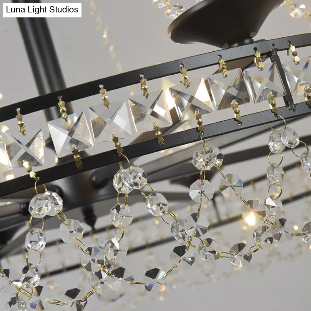 Country-Style Crystal Chandelier With Black Pendant Lamp And Wagon Wheel Design