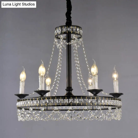 Country-Style Crystal Chandelier With Black Pendant Lamp And Wagon Wheel Design