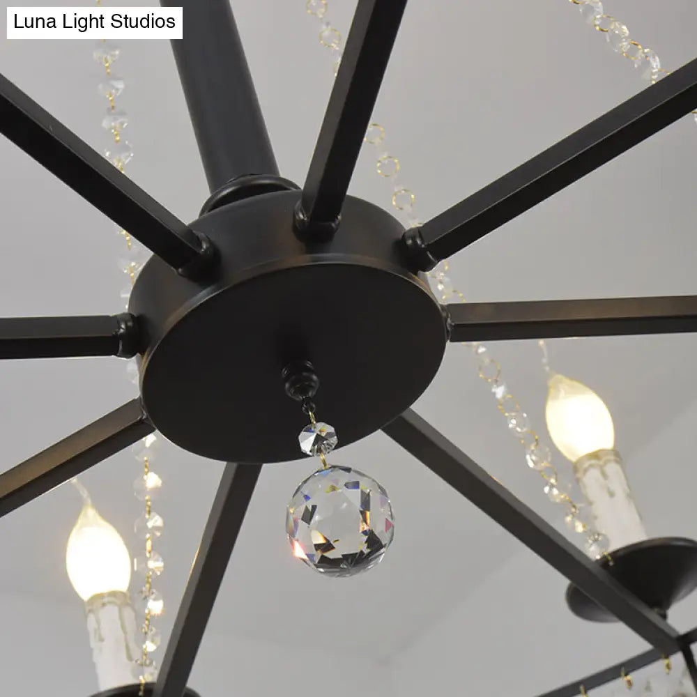 Country-Style Crystal Chandelier With Black Pendant Lamp And Wagon Wheel Design