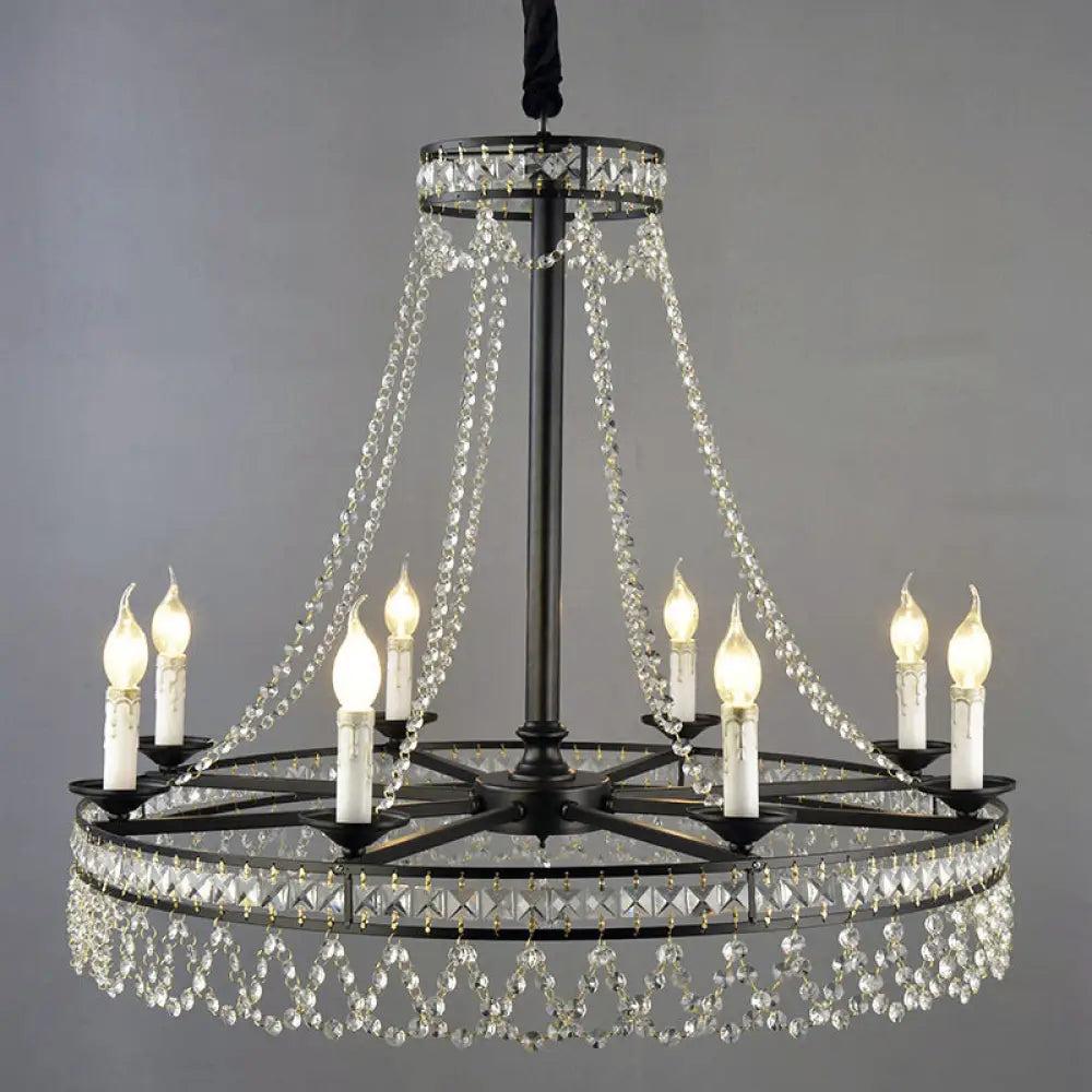 Country-Style Crystal Chandelier With Black Pendant Lamp And Wagon Wheel Design 8 /