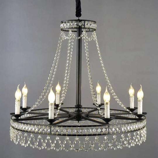 Country-Style Crystal Chandelier With Black Pendant Lamp And Wagon Wheel Design 8 /