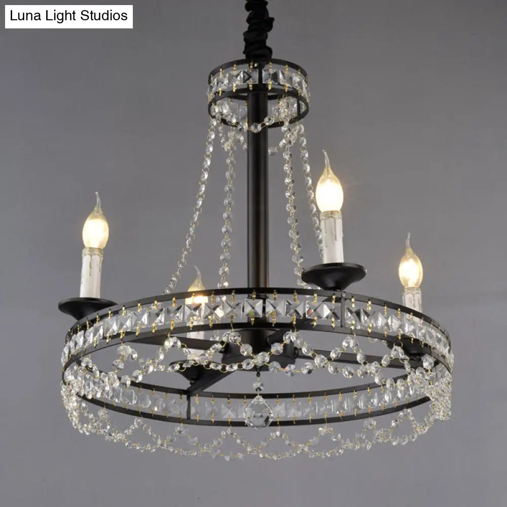 Country-Style Crystal Chandelier With Black Pendant Lamp And Wagon Wheel Design