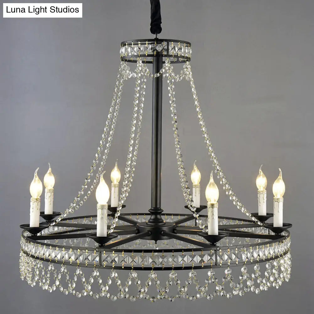 Country-Style Crystal Chandelier With Black Pendant Lamp And Wagon Wheel Design