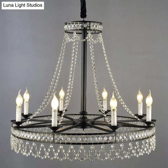 Country-Style Crystal Chandelier With Black Pendant Lamp And Wagon Wheel Design