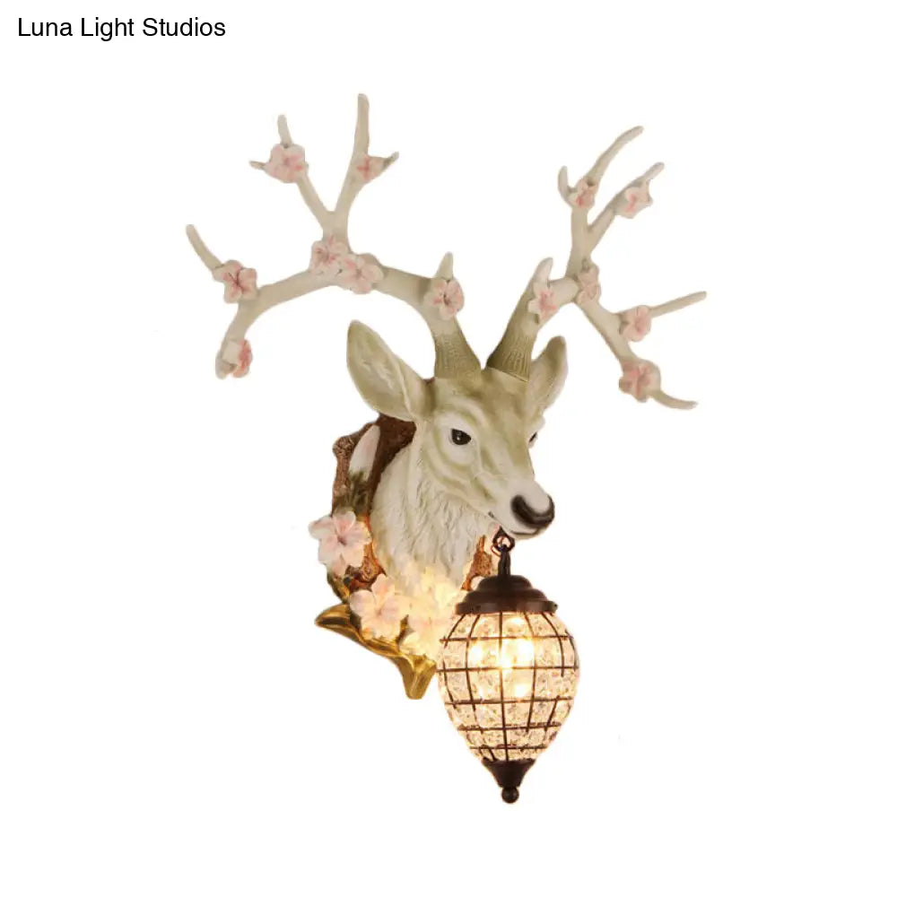 Country Style Deer Wall Sconce With Crystal Shade White/Yellow/Brown Resin Light Fixture