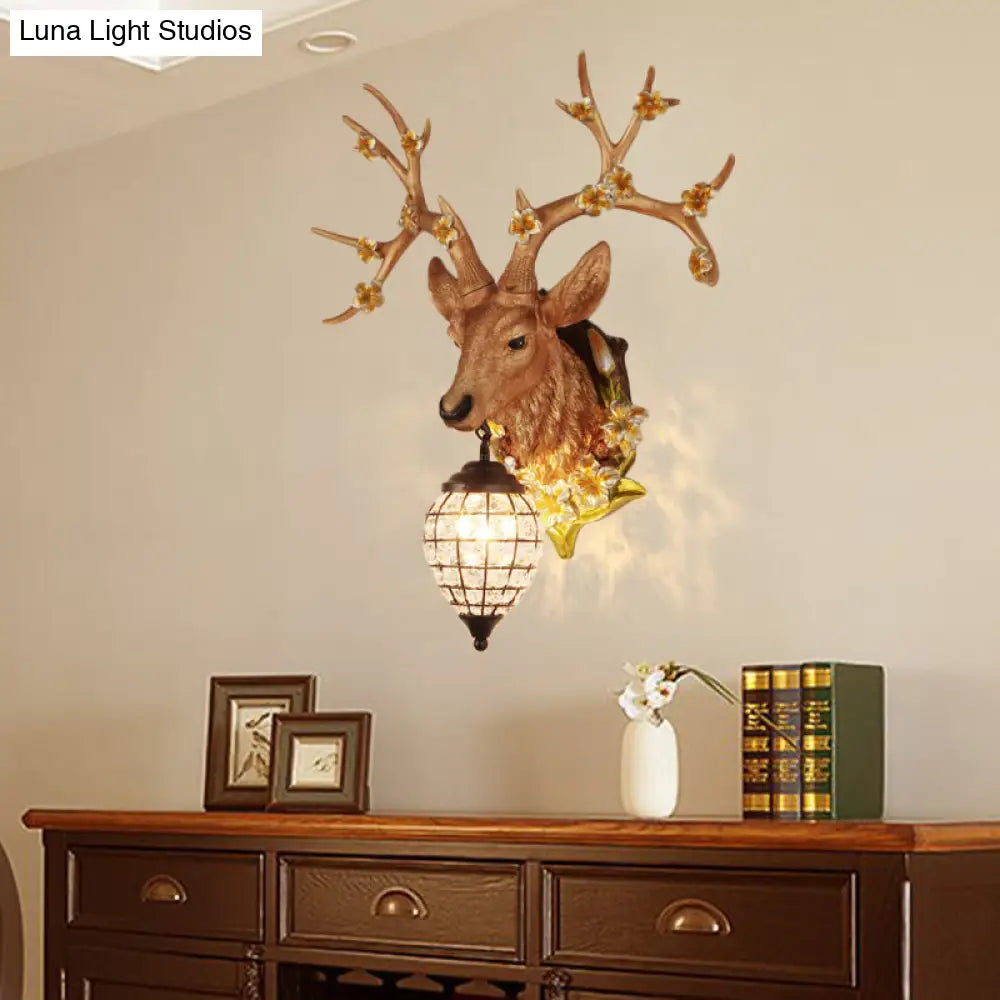 Country Style Deer Wall Sconce With Crystal Shade White/Yellow/Brown Resin Light Fixture