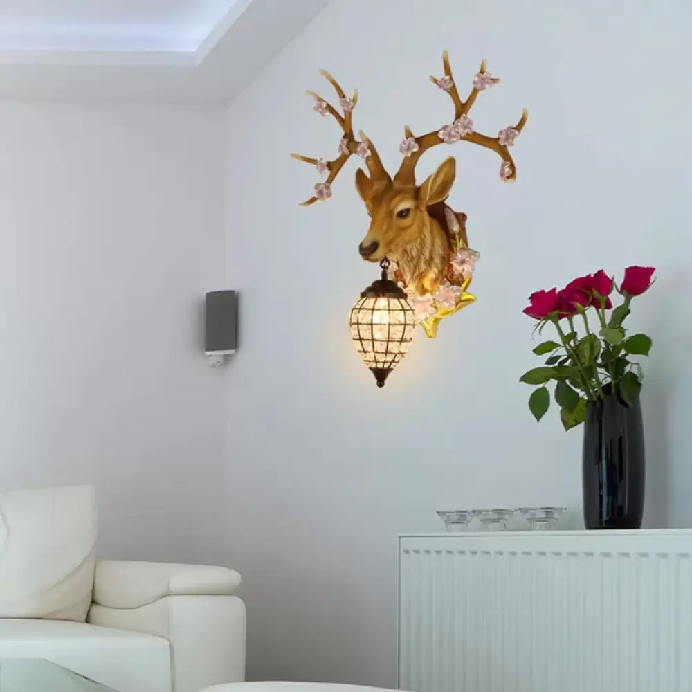 Country Style Deer Wall Sconce With Crystal Shade White/Yellow/Brown Resin Light Fixture Yellow